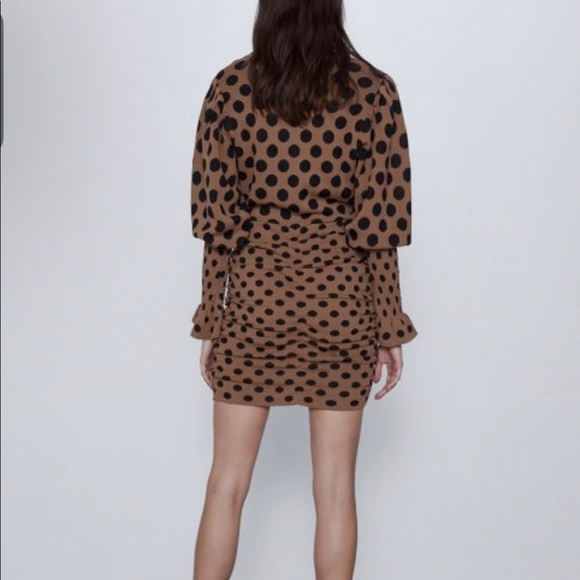 Zara Puff Sleeve Ruched Draped Polka Dots Mini Dress Size Large NWT - Picture 2 of 14